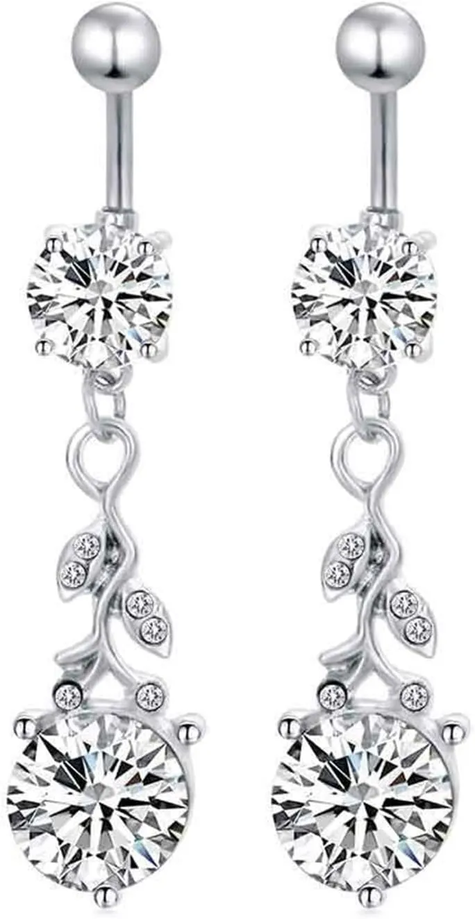 Wycian Piercing Jewelry for All Piercings, Navel Rings Gothic Cubic Zirconia Silver Surgical Steel Leaf 16G for Women Mother Body Piercing Jewelry