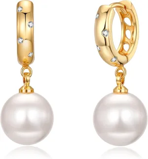 XYJZXY Elegant Simulated Pearl Hoop Earrings - Lightweight Faux Pearl Dangle Drop Earrings for Women - CZ Diamond Pearl Wedding Jewelry