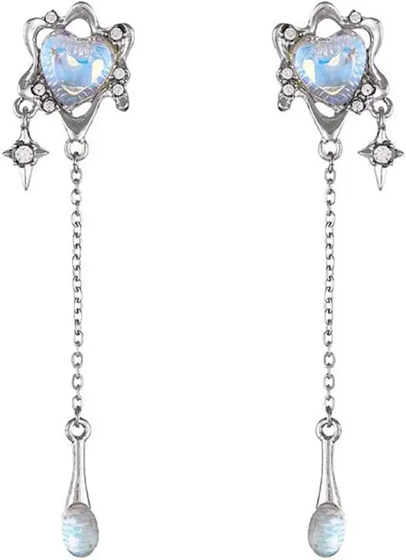 Y2k Moonstone Love Heart Butterfly Dangling Earrings for Women Long Tassel Lucky Star Chic Heart Dangle Earrings Fashionable y2k Jewelry Gift