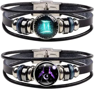 YANCHUN 2 Pcs Zodiac Signs Spirit Bracelets 12 Constellation Bracelet Layered Zodiac Leather Bracelets Sagittarius Bracelet Zodiac Gifts Birthday Christmas Gifts for Women