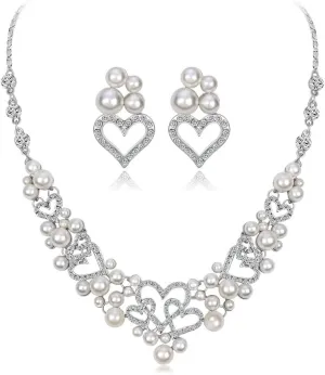 YAZILIND Bridal Necklace Earrings Imitation Pearl Hollow Heart Shape Rhinestone Necklaces Earring Jewelry Set