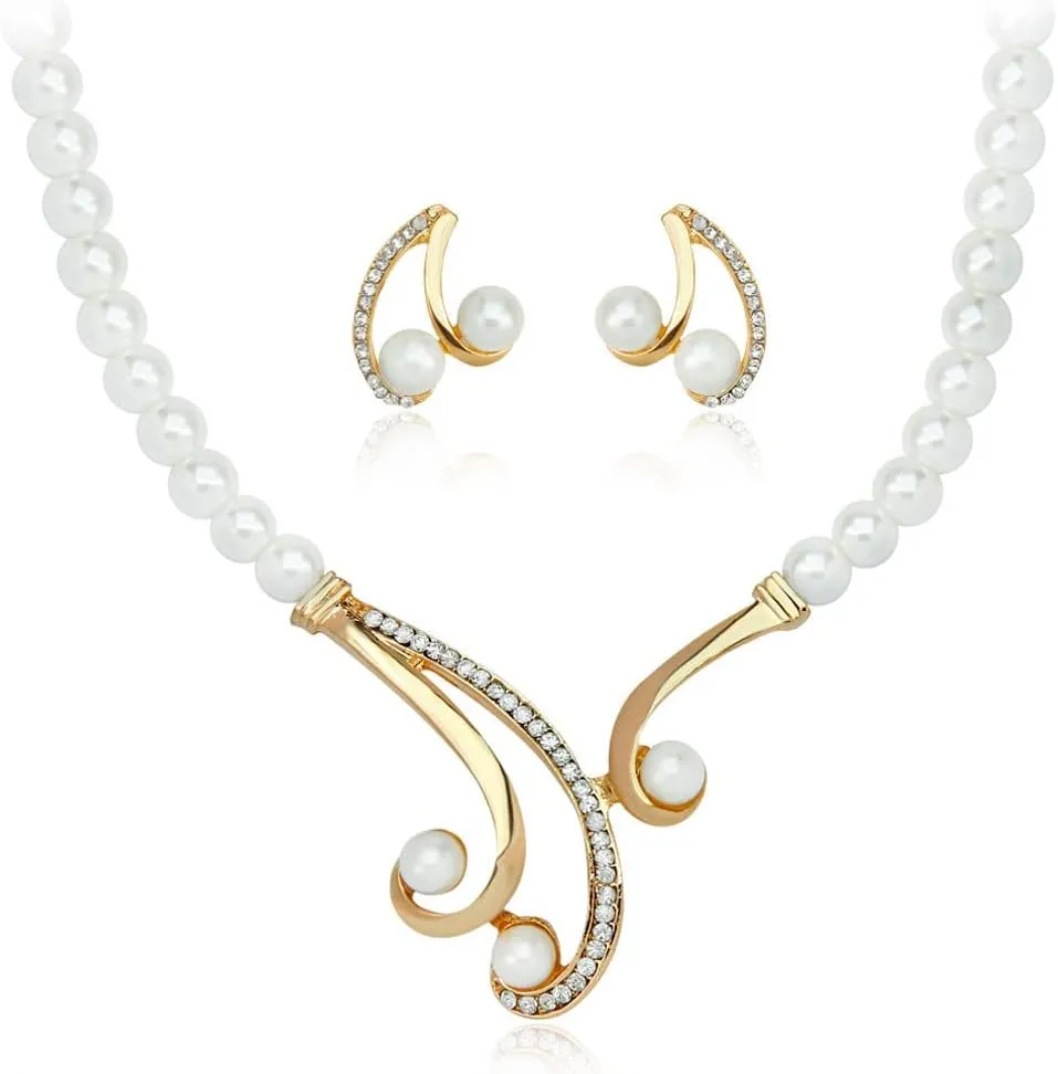 YAZILIND Sweater Chain Imitation Pearl Rhinestone Gold Plated Necklace Earrings Wedding Jewelry Set