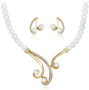 YAZILIND Sweater Chain Imitation Pearl Rhinestone Gold Plated Necklace Earrings Wedding Jewelry Set