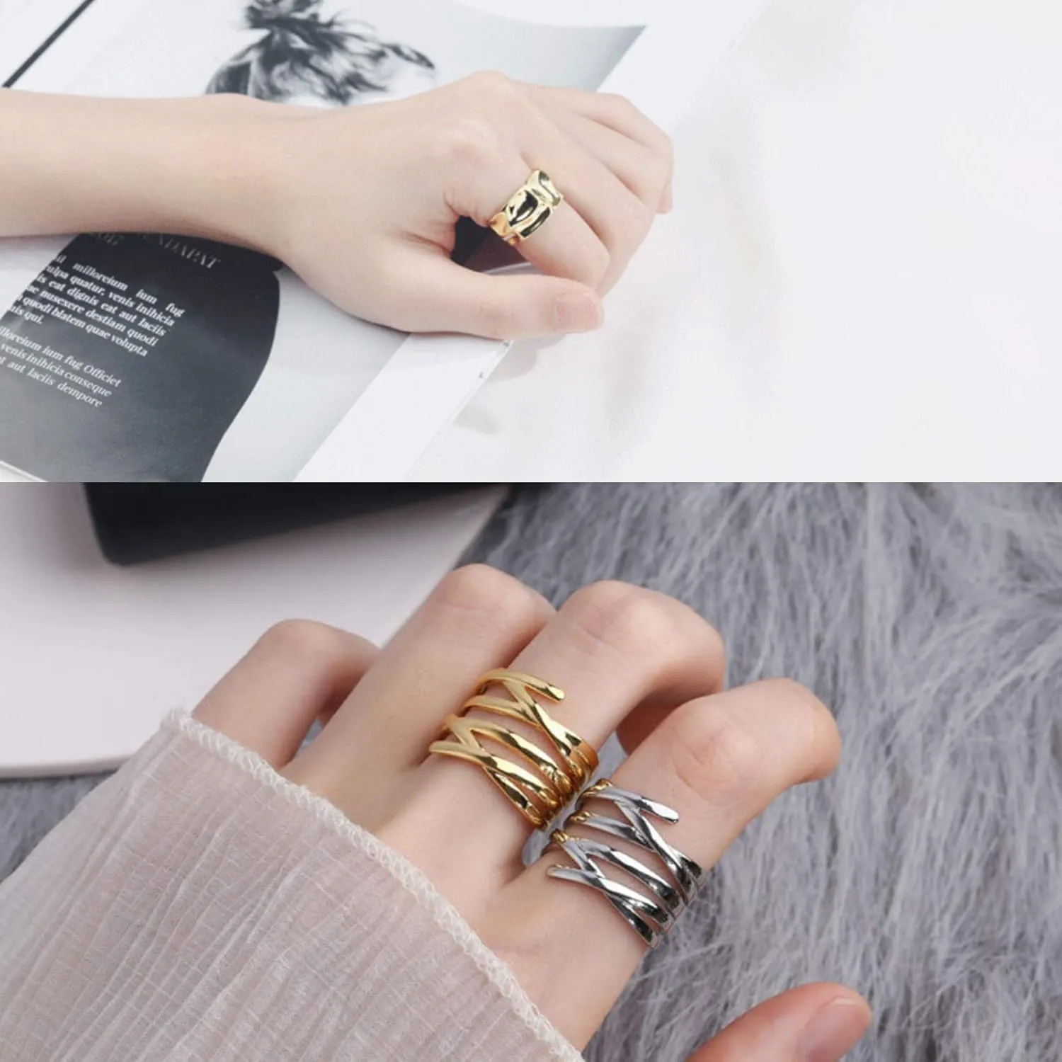 YBMYCM 3-10Pcs Dome Rings Set Chunky Gold Ring for Women Men 14k Gold Plated Thick Adjustable Statement Ring Gold/Silver