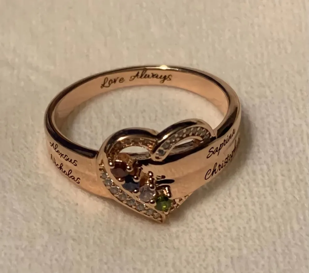 YDD Natural Diamond Heart Name Rings with Birthstones 10K 14K 18K Solid Gold Personalized Diamond Mothers Rings with 1-8 Birthstones Family Birthday Jewelry Gifts For Mom Women Grandma Wife