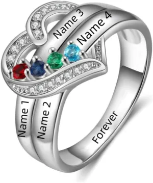 YDD Natural Diamond Heart Name Rings with Birthstones 10K 14K 18K Solid Gold Personalized Diamond Mothers Rings with 1-8 Birthstones Family Birthday Jewelry Gifts For Mom Women Grandma Wife