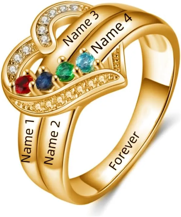 YDD Natural Diamond Heart Name Rings with Birthstones 10K 14K 18K Solid Gold Personalized Diamond Mothers Rings with 1-8 Birthstones Family Birthday Jewelry Gifts For Mom Women Grandma Wife