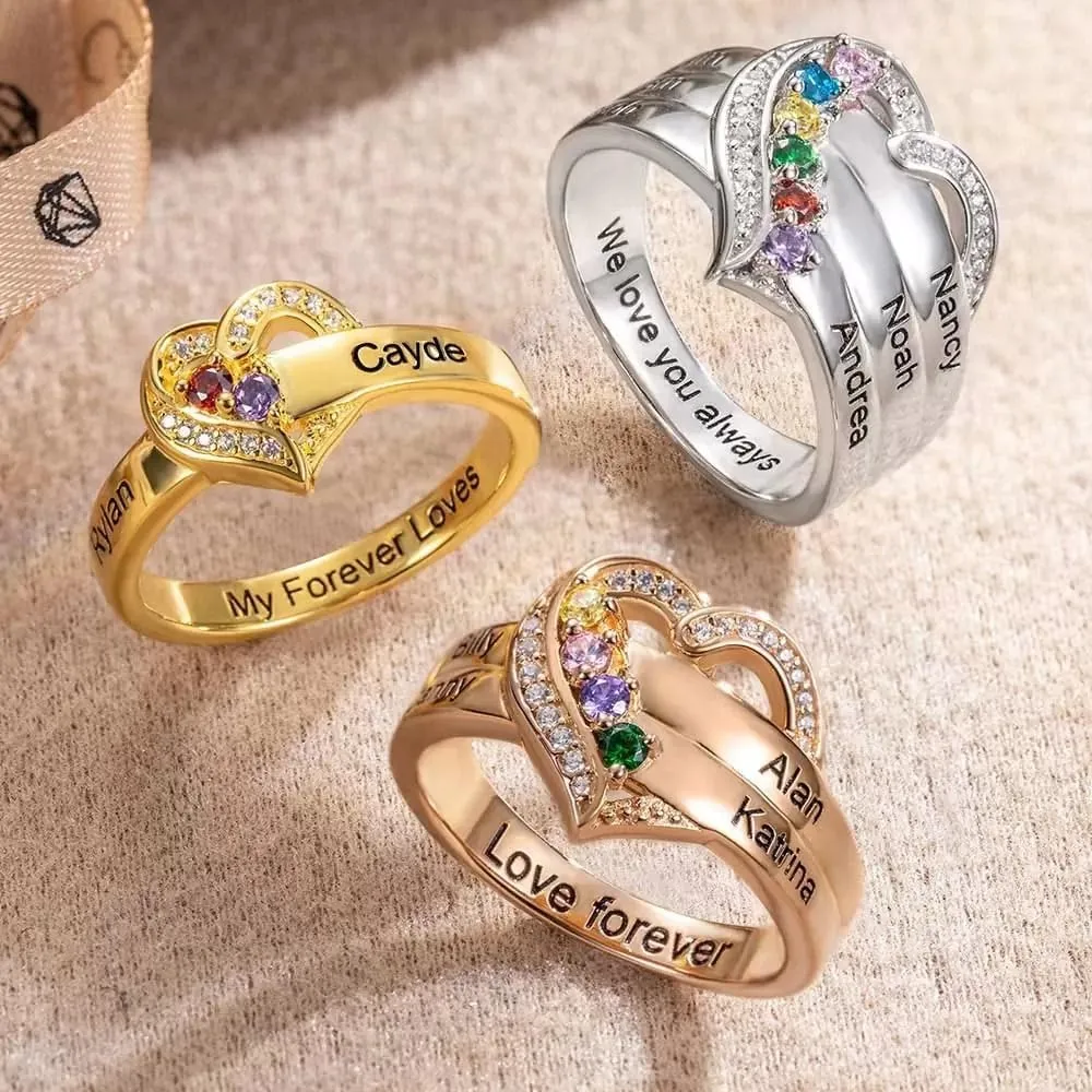 YDD Natural Diamond Heart Name Rings with Birthstones 10K 14K 18K Solid Gold Personalized Diamond Mothers Rings with 1-8 Birthstones Family Birthday Jewelry Gifts For Mom Women Grandma Wife