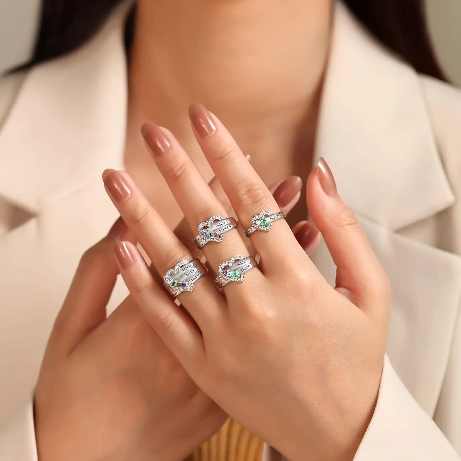 YDD Natural Diamond Heart Name Rings with Birthstones 10K 14K 18K Solid Gold Personalized Diamond Mothers Rings with 1-8 Birthstones Family Birthday Jewelry Gifts For Mom Women Grandma Wife
