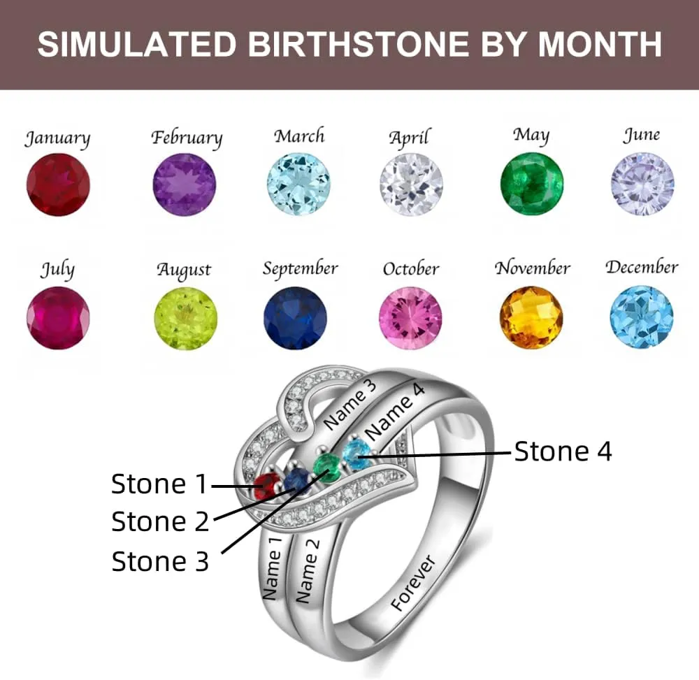 YDD Natural Diamond Heart Name Rings with Birthstones 10K 14K 18K Solid Gold Personalized Diamond Mothers Rings with 1-8 Birthstones Family Birthday Jewelry Gifts For Mom Women Grandma Wife