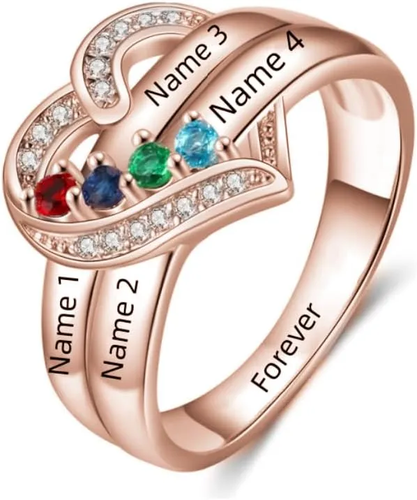 YDD Natural Diamond Heart Name Rings with Birthstones 10K 14K 18K Solid Gold Personalized Diamond Mothers Rings with 1-8 Birthstones Family Birthday Jewelry Gifts For Mom Women Grandma Wife