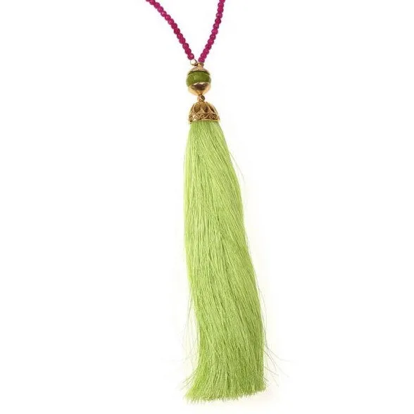 Yellow/Fuchsia Rainbow Long Tassel Necklace