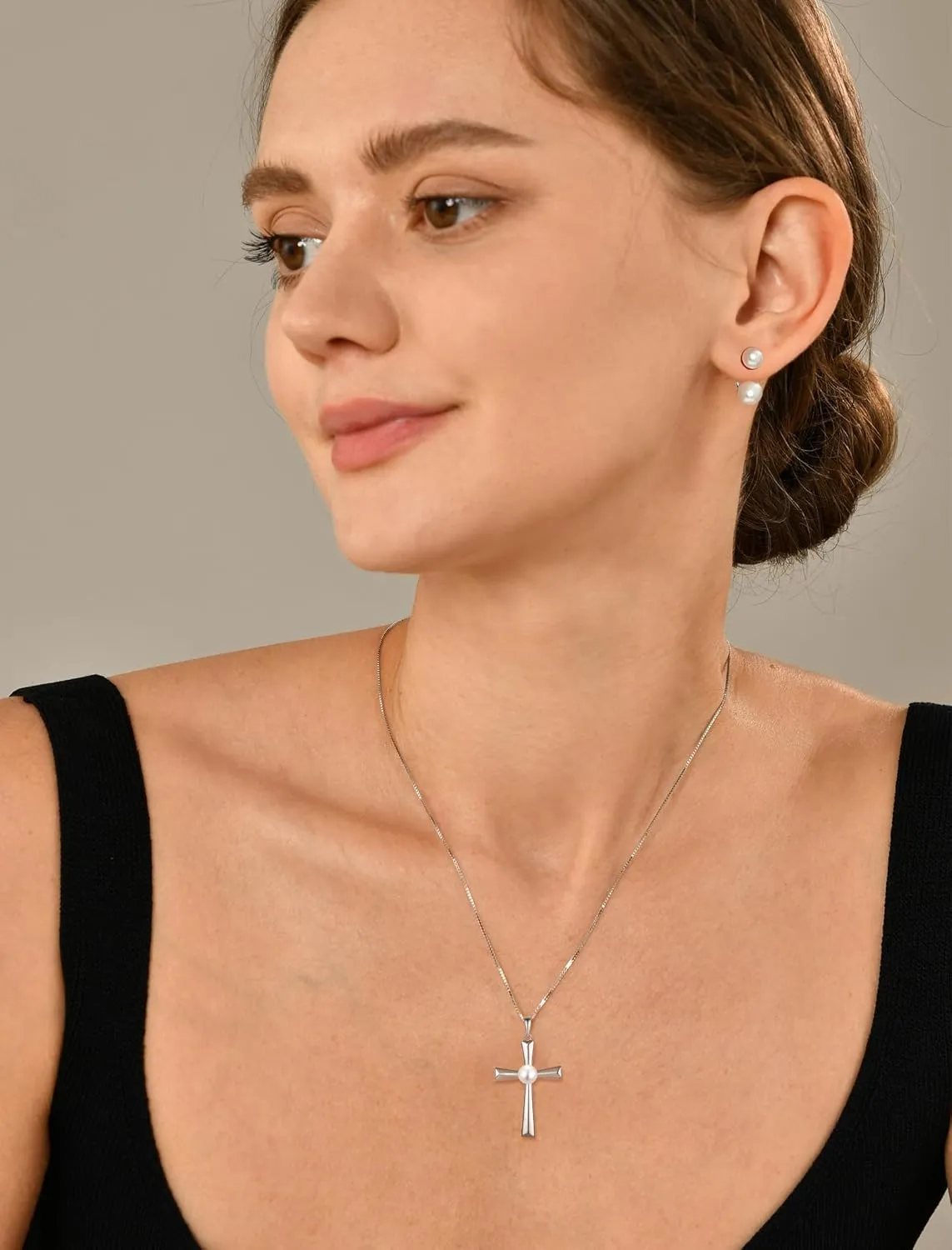 YL Cross Necklace Sterling Silver Freshwater Pearls Pendant Polished Religious Jewelry for Women