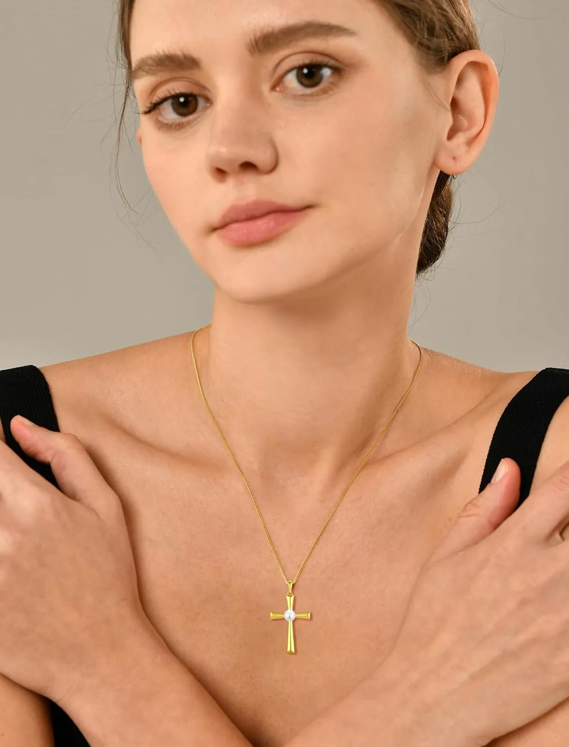 YL Cross Necklace Sterling Silver Freshwater Pearls Pendant Polished Religious Jewelry for Women