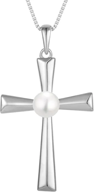 YL Cross Necklace Sterling Silver Freshwater Pearls Pendant Polished Religious Jewelry for Women