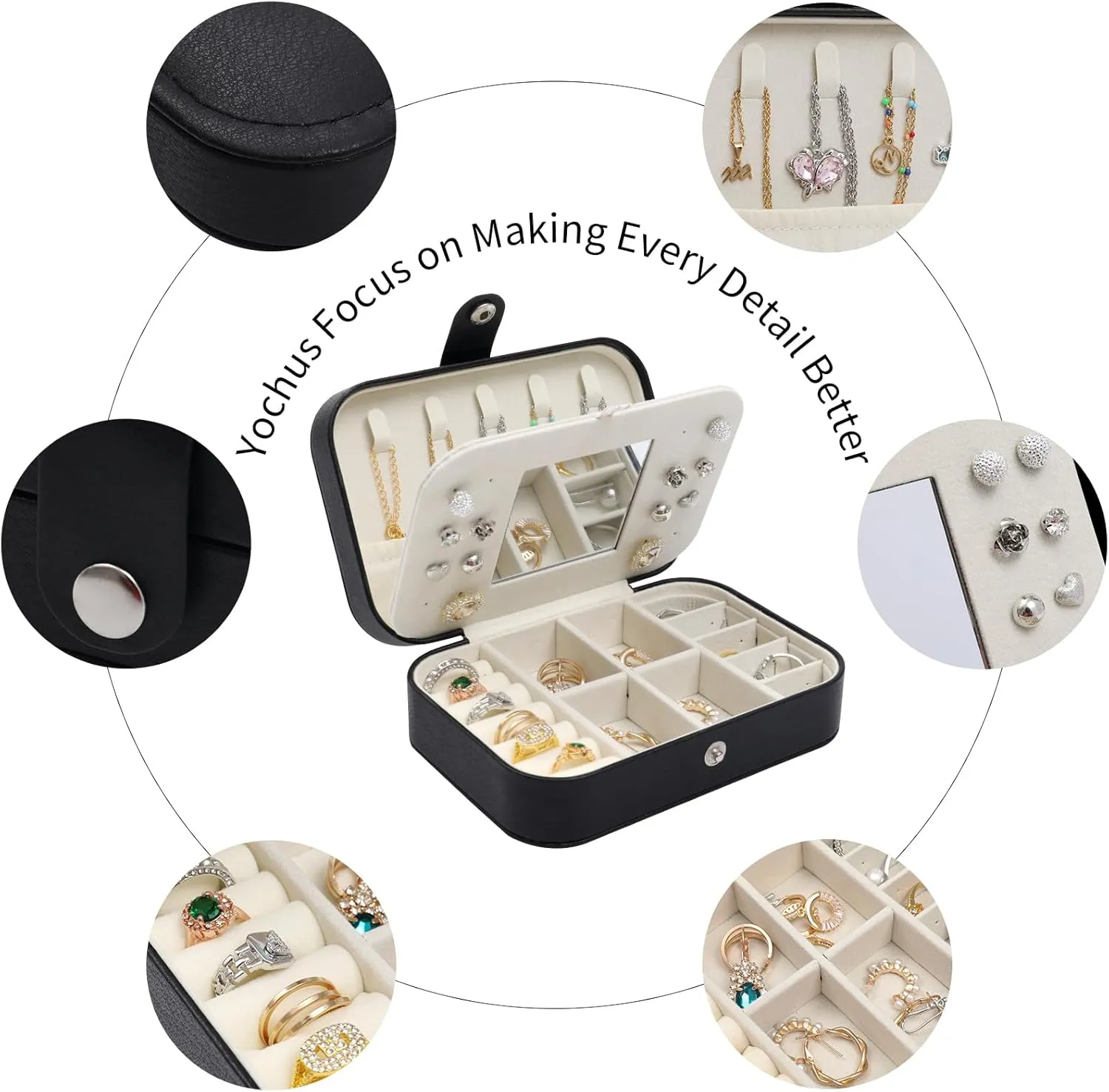 Yochus Black Travel Jewelry Box with Mirror, PU Leather Small Jewelry Organizer for Women Girls, Portable Mini Travel Case Display Storage Holder Boxes for Stud Earrings, Rings, Necklaces, Bracelets