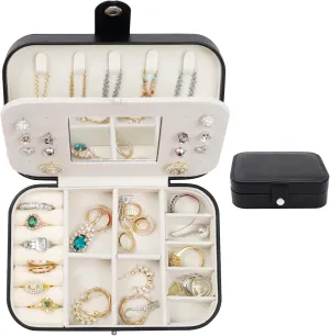 Yochus Black Travel Jewelry Box with Mirror, PU Leather Small Jewelry Organizer for Women Girls, Portable Mini Travel Case Display Storage Holder Boxes for Stud Earrings, Rings, Necklaces, Bracelets