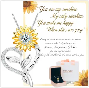 You Are My Sunshine Necklace, Sterling Silver Sunflower Necklaces for Women Anniversary Present for Wife as Sunflower Jewelry Birthday Gifts, Moissanite Heart Pendant for Her