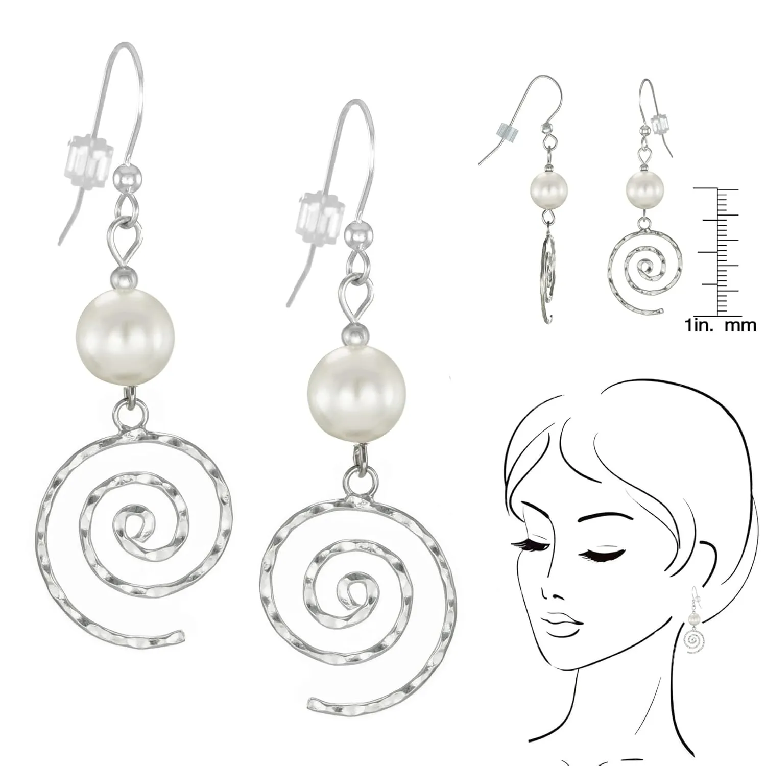 Your Choice of Colors Hammered Swirl .925 Sterling Silver Beaded Earrings (white crystal pearl)