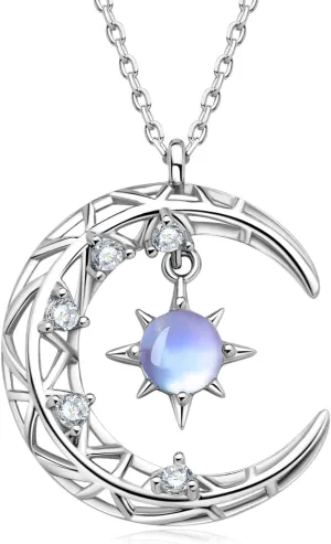 YUNKAI 925 Sterling Silver Moonstone Necklace, Lab Synthtic Moonstone June Birthstone Pendant for Women White Gold Plated, Birthday Christmas Mothers Day Jewelry Gifts for Her