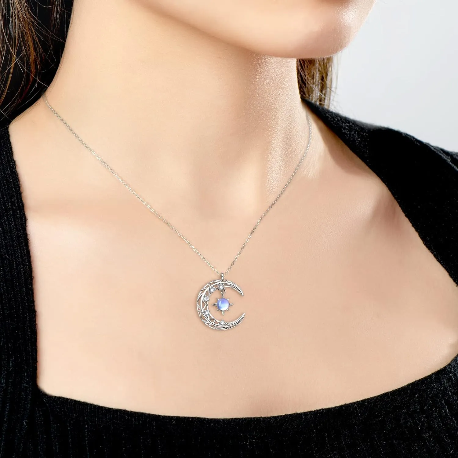 YUNKAI 925 Sterling Silver Moonstone Necklace, Lab Synthtic Moonstone June Birthstone Pendant for Women White Gold Plated, Birthday Christmas Mothers Day Jewelry Gifts for Her