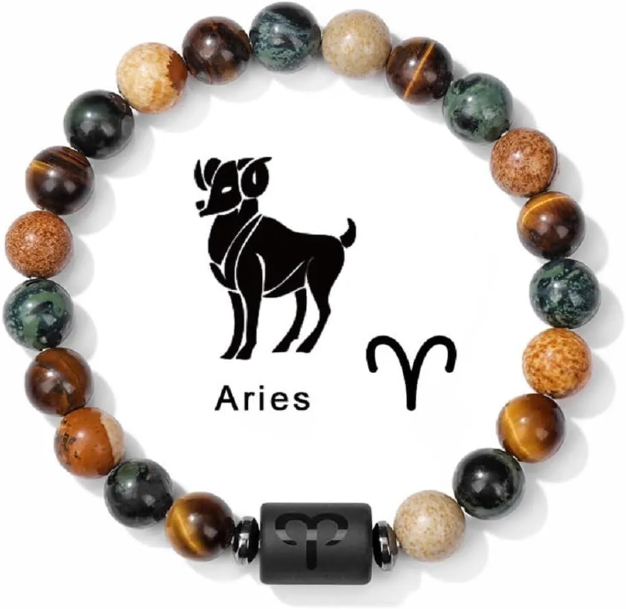 Zodiac Bracelet for Women Men Zodiac Sign Natural Stone Bead Bracelet with Wish Card 12 Constellation Distance Prayer Blessing Bracelet for Couples Friends Horoscope Jewelry Birthday Gift