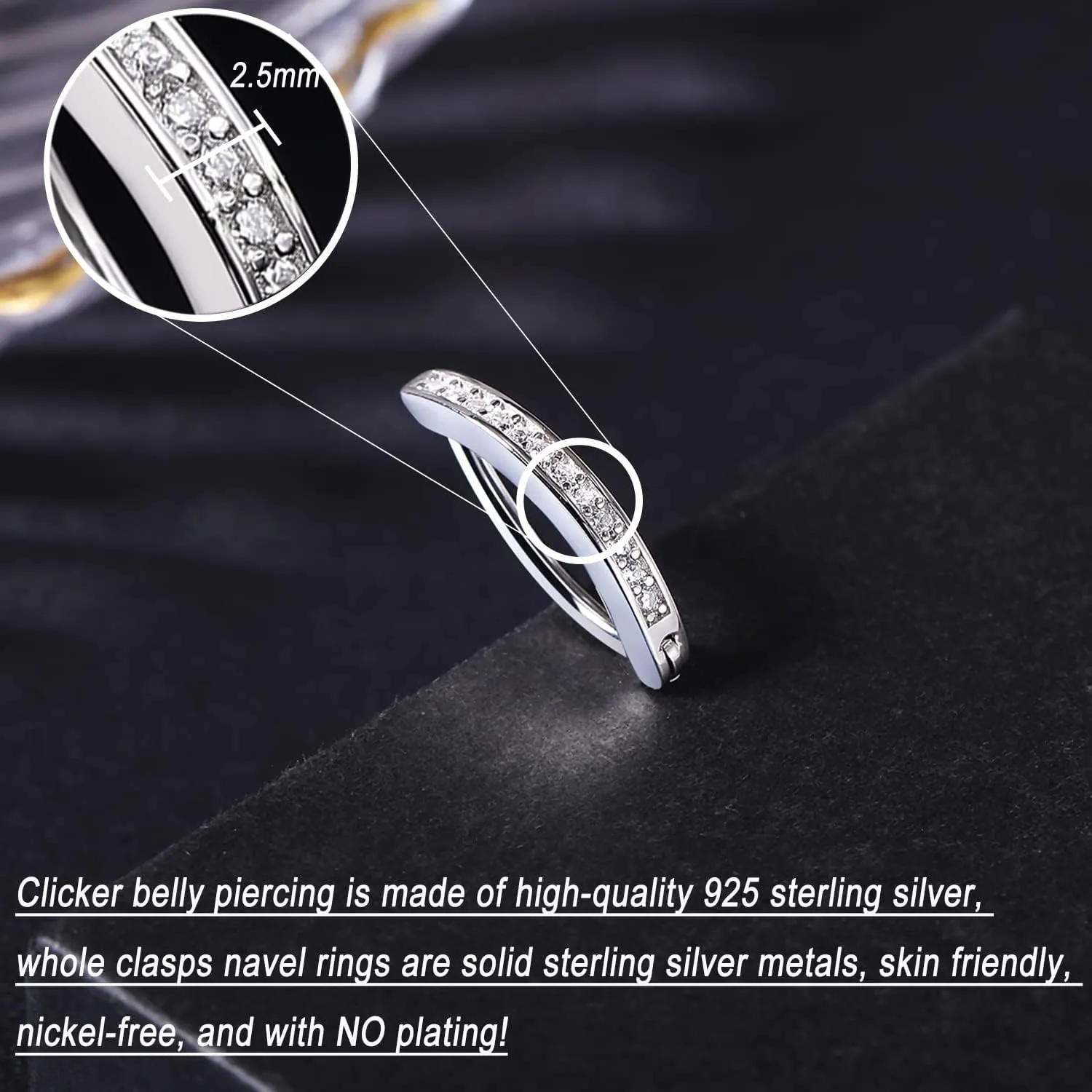 ZS 14G Clicker Belly Button Rings for Women, 925 Sterling Silver Belly Barbell Piercing Simulated Diamonds Rivet Reverse Curved Navel Barbell Body Jewelry