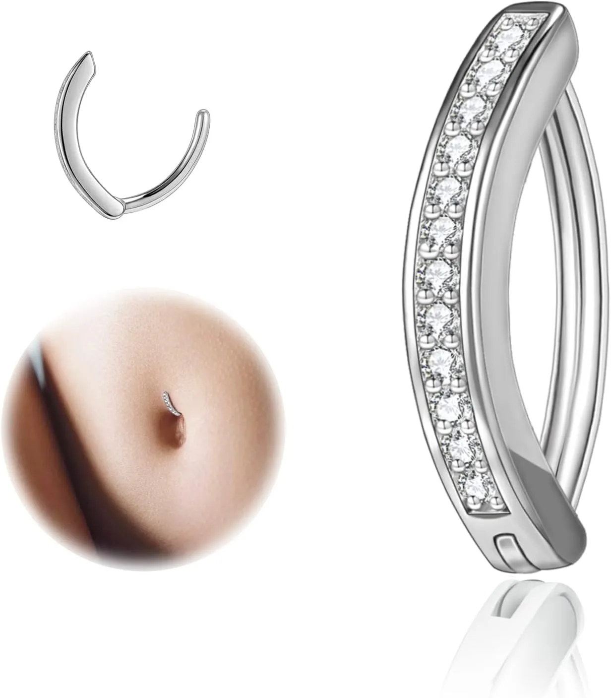 ZS 14G Clicker Belly Button Rings for Women, 925 Sterling Silver Belly Barbell Piercing Simulated Diamonds Rivet Reverse Curved Navel Barbell Body Jewelry