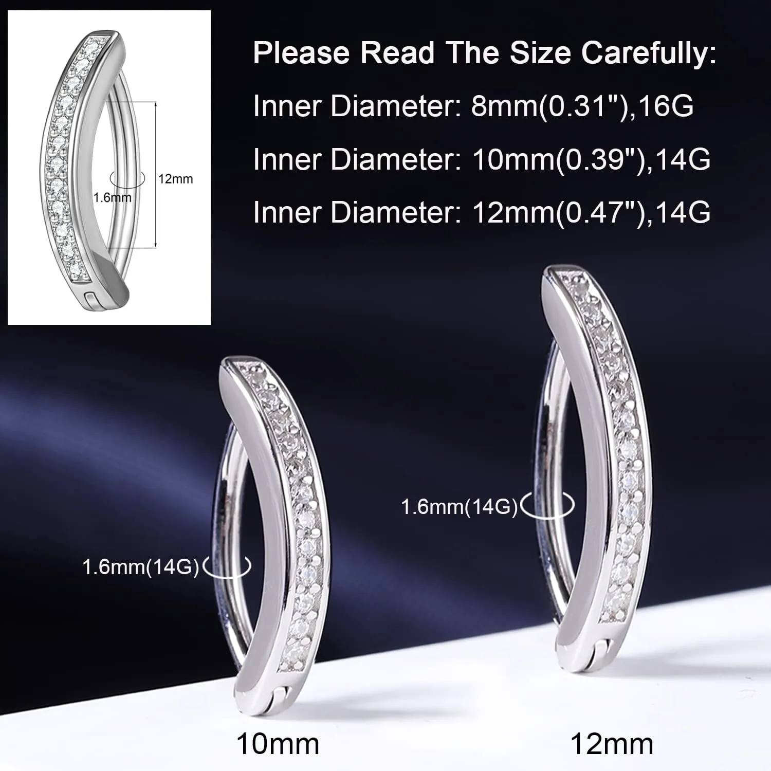 ZS 14G Clicker Belly Button Rings for Women, 925 Sterling Silver Belly Barbell Piercing Simulated Diamonds Rivet Reverse Curved Navel Barbell Body Jewelry