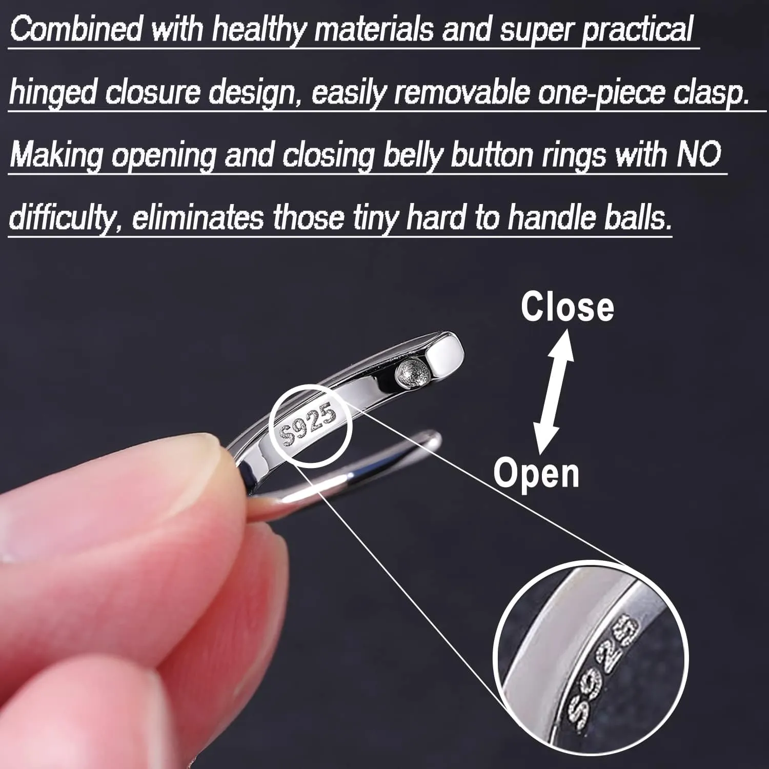 ZS 14G Clicker Belly Button Rings for Women, 925 Sterling Silver Belly Barbell Piercing Simulated Diamonds Rivet Reverse Curved Navel Barbell Body Jewelry